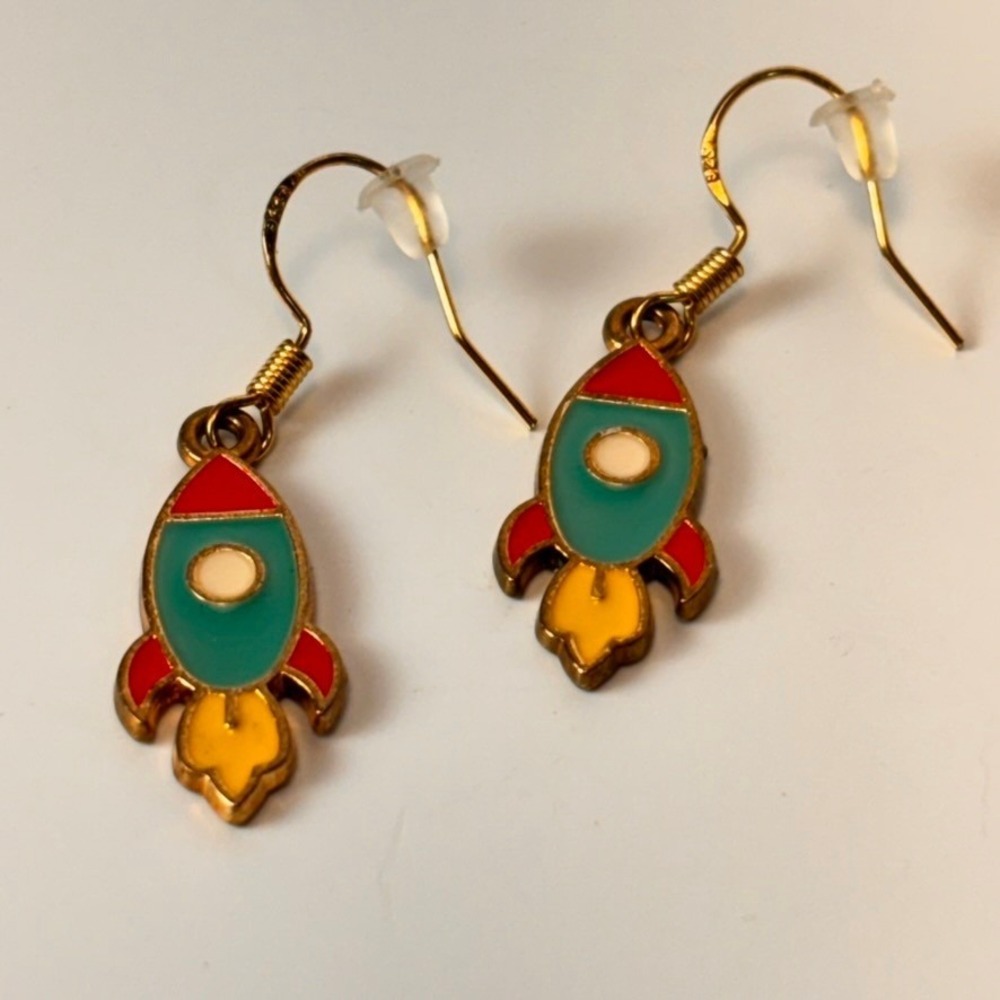 Rocket Ship Earrings Multicolor Enamel Gold Tone Space Kidcore Statement
